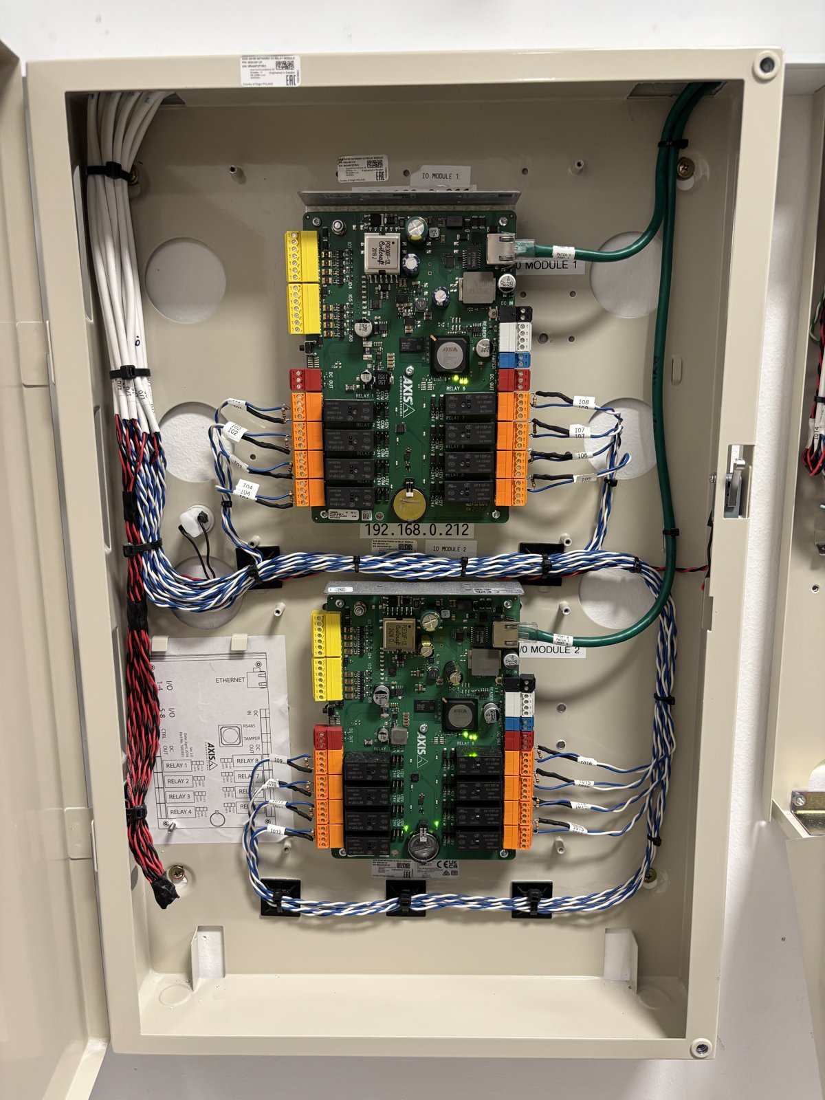 Inner Range control boards with yellow and orange relay modules inside a substation cabinet